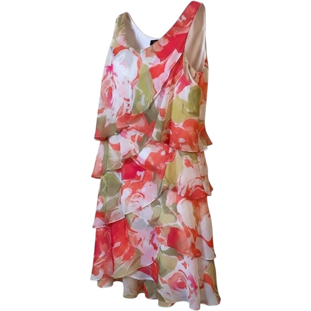 Ignite Chiffon Tiered Dress Womens 18 Coral Pink Floral Excellent Sleeveless